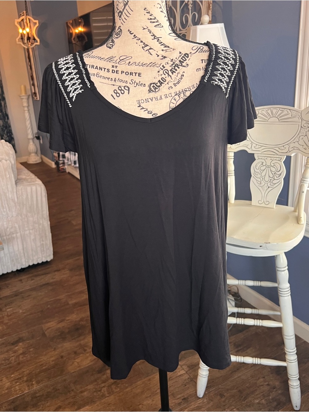 torrid Black V-Neck Top with White Embroidered Shoulders